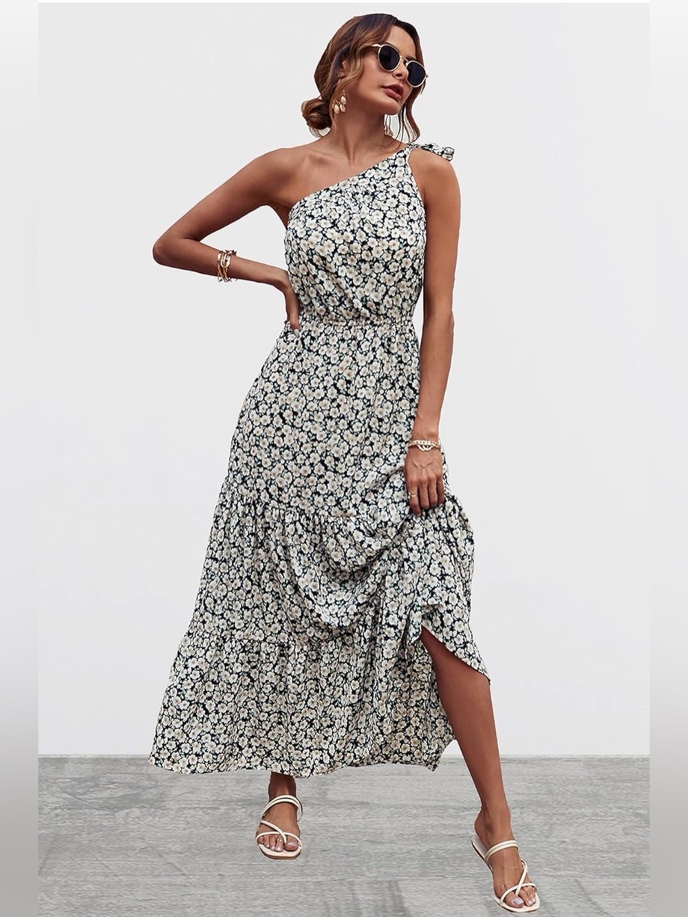 One-Shoulder Floral Maxi Dress - Black & White